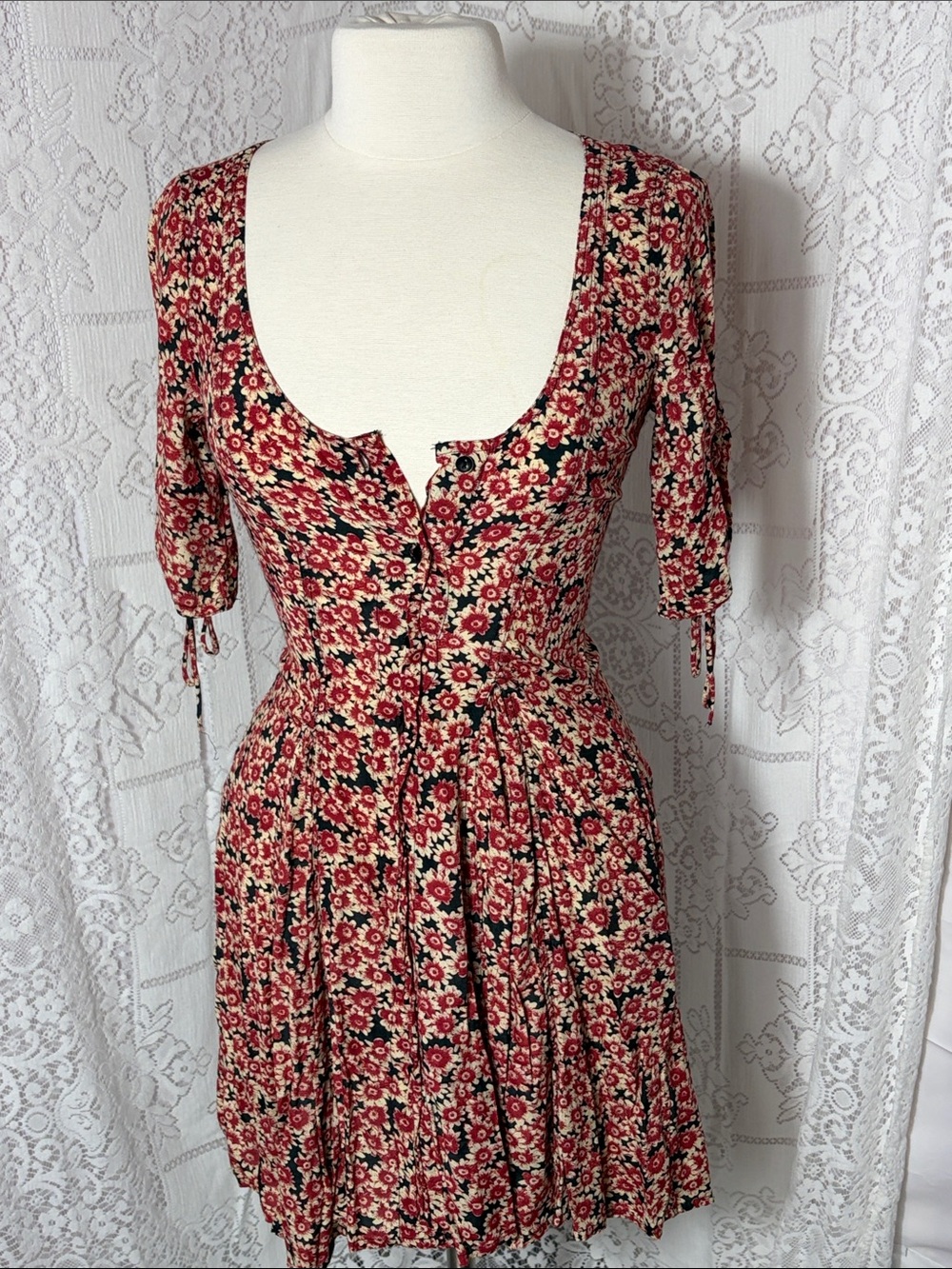 Free People Red Floral Button-Front Midi Dress